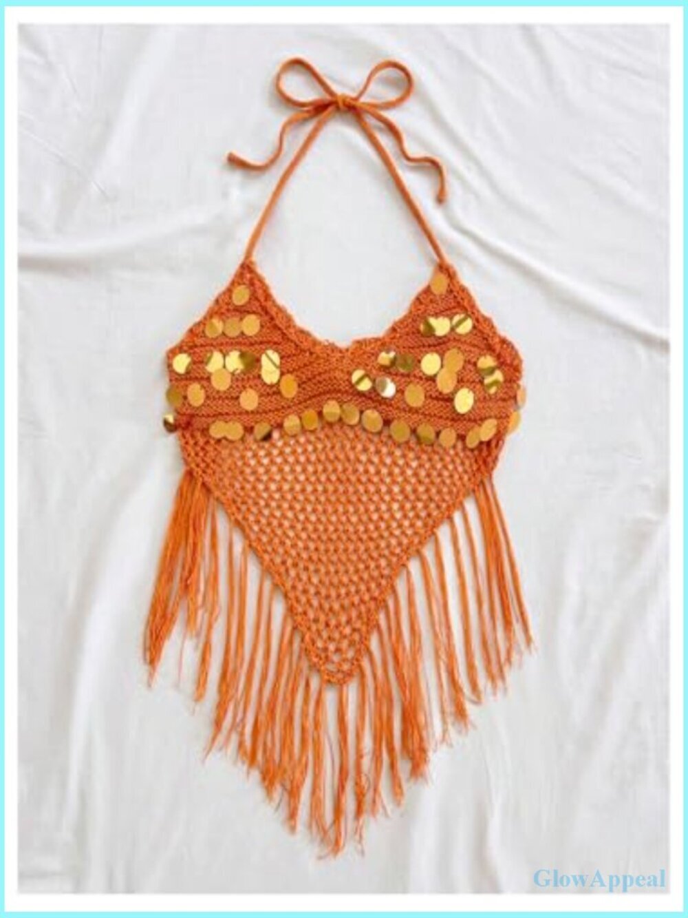 Sequin Hollow Out Crochet Crop Halter Top Boho Tie Backless Asymmetrical Fringe - Picture 2 of 5